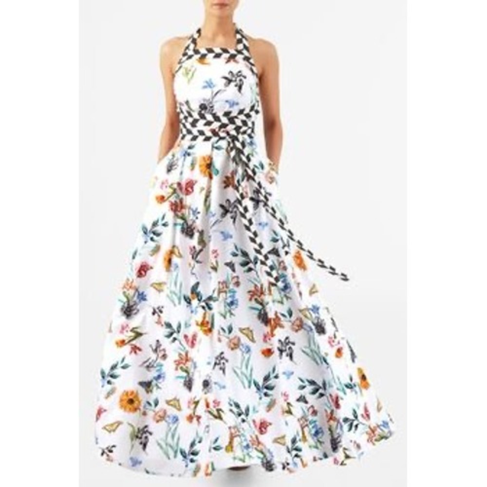 eShakti Floral Butterfly Maxi Dress  2X-20W Checkered Trim‎ Sleeveless Pockets